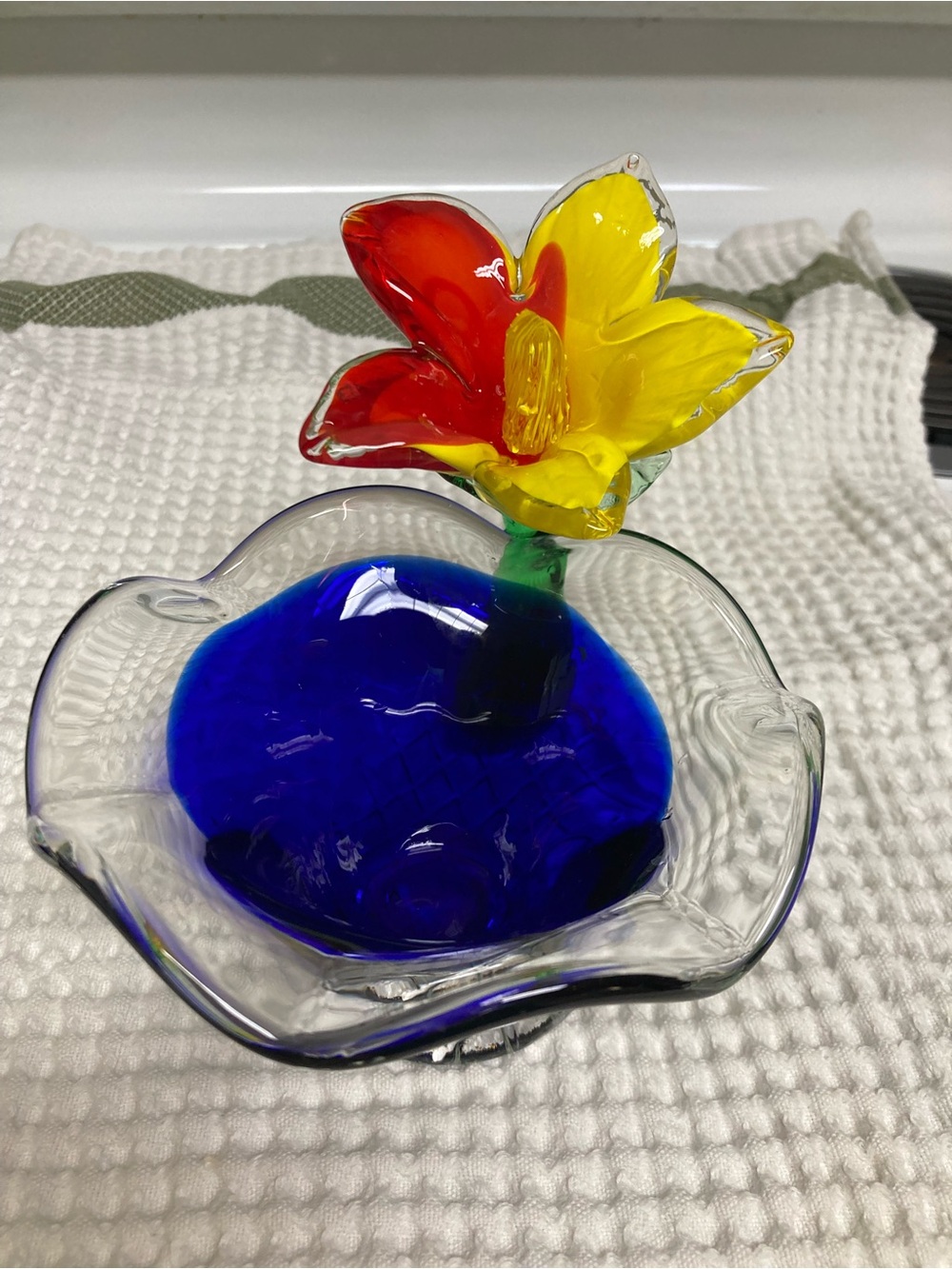 Art Glass Flower Bowl - Blue Bowl with Red & Yellow Bloom